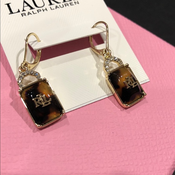 Lauren Ralph Lauren pave tortoiseshell RLL logo drop dangle earrings brand new - Picture 7 of 7